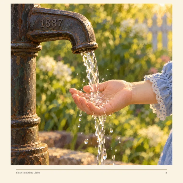 Book illustration of hands beneath flowing water at a pump marked “1887”.