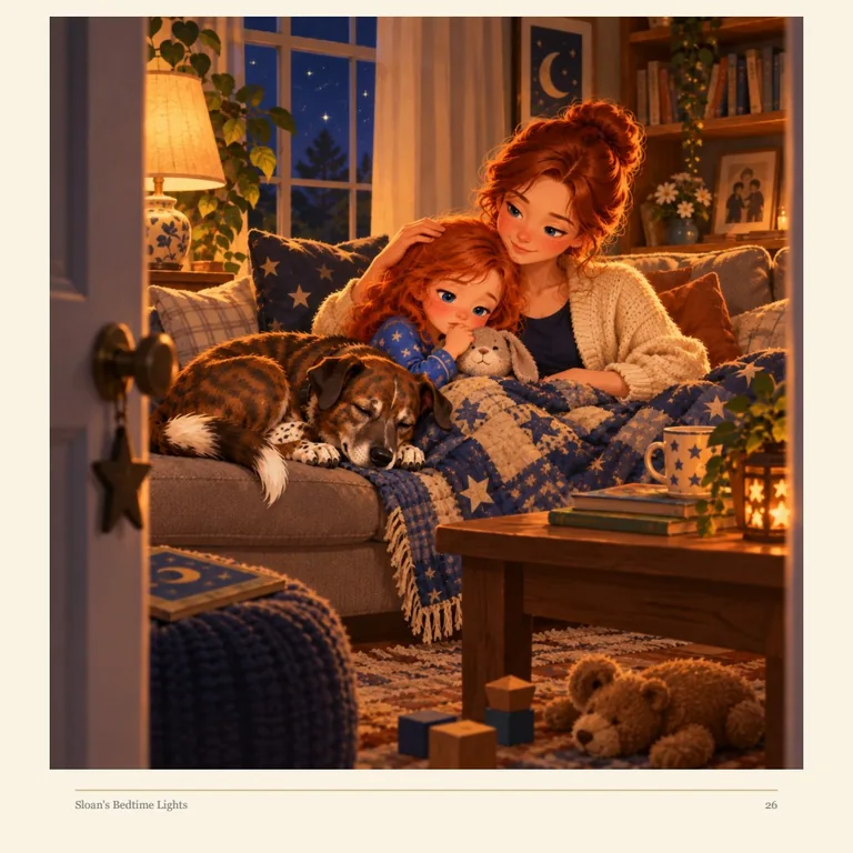 Original illustration of the girl, Mom and Cali in the book’s present-day reflection on support.